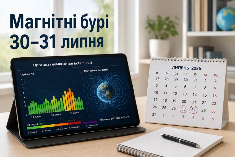 Магнітні бурі 30-31 липня 2026 року: детальний прогноз індексу Kp за годинами.
